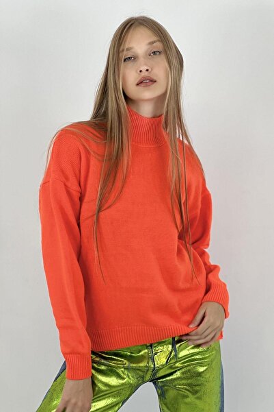 Miss Poem Pulover de tricotat lung, portocaliu, de iarnă, cu jumătate de gât, pentru femei