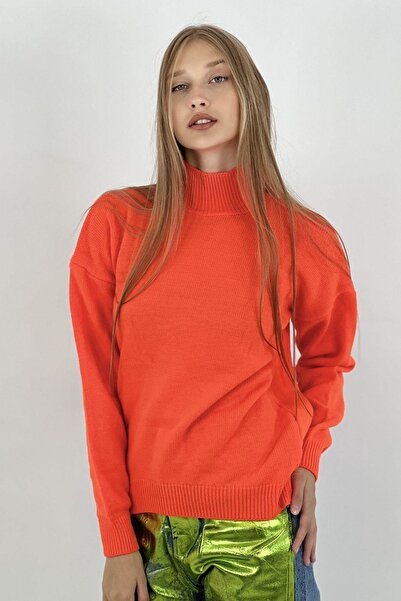 Miss Poem Pulover de tricotat lung, portocaliu, de iarnă, cu jumătate de gât, pentru femei