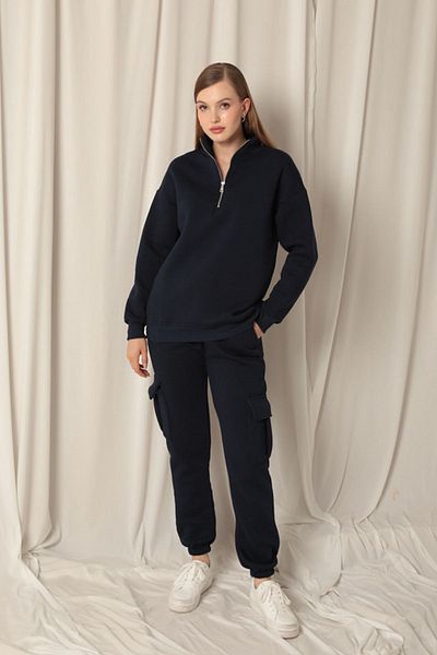 Lukas Three Thread Stand Collar Half Zipper Women's Navy Blue Sweat