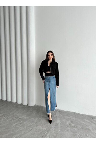 CYU Siyah Crop Ceket ve Denim Mix Etek Takım
