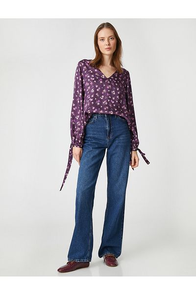 Koton Geblümte Bluse mit Ballonärmeln und Bindedetail
