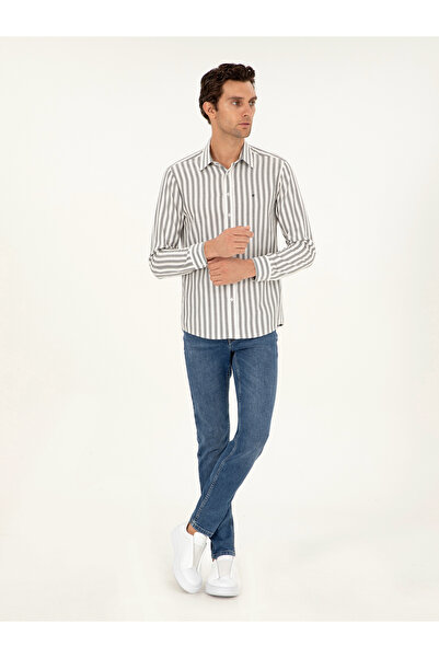 Cacharel Gri Slim Fit Çizgili Pamuk Gömlek 50291351-VR024