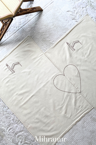 Mihranur Minimal Linen Prayer Rack - Double Prayer Rug, Kaaba Embroidered, Dowry and Bundle Gift