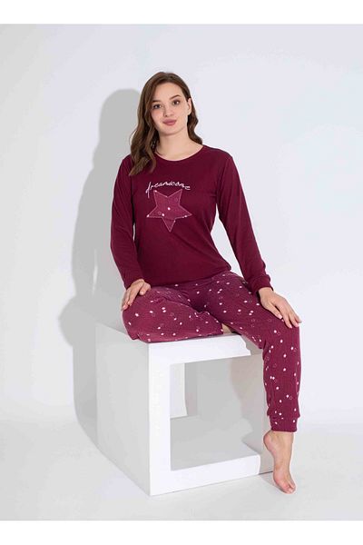 Tarık Set de pijamale moale pentru femei, cu model de stea de cireșe, combinație termică de iarnă