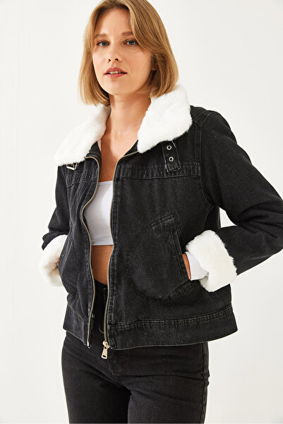 Bianco Lucci Dámský chlupatý džínový kabát 2409 60351070