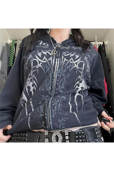 Köstebek Φούτερ Smoked Gothic Cyber Grunge με κουκούλα με φερμουάρ