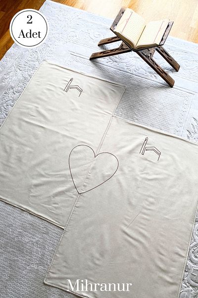 Mihranur Minimal Linen Prayer Rack - Double Prayer Rug, Kaaba Embroidered, Dowry and Bundle Gift