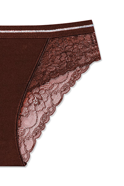 HNX 3'lü İnterlok Dantel Detaylı Beli Simli Lastik Slip Kadın Külot