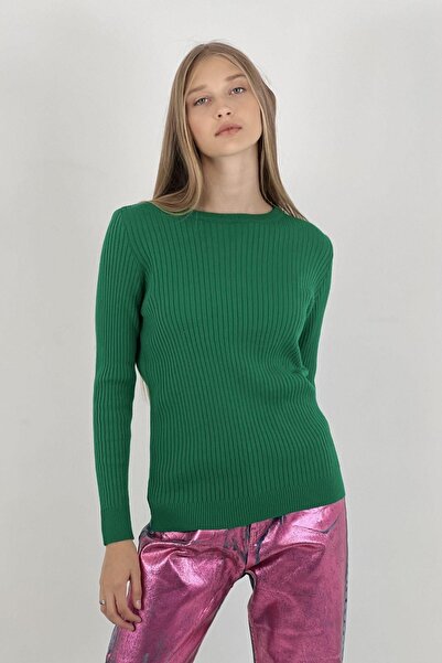 Miss Poem Women's Crew Neck Long Sleeve Winter Green Knitwear Sweater