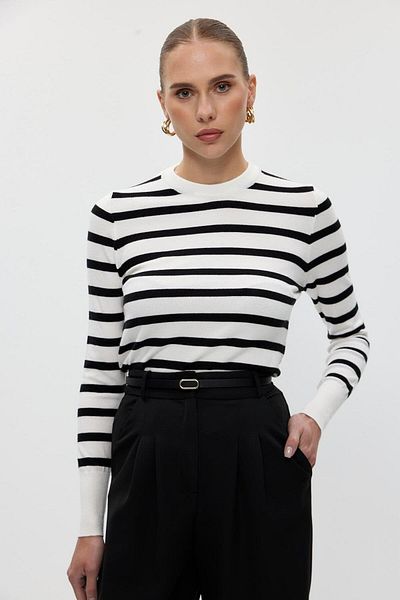 Tuba Butik Crew Neck Striped Knitwear Ecru Women's Sweater