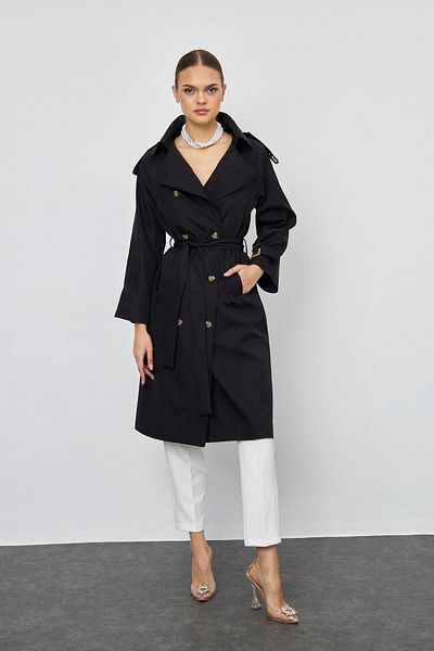 Tuba Butik Double Breasted Buttoned Long Black Women's Trench Coat