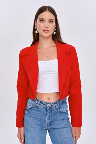 Tuba Butik Red Women's Jacket - Padded Blazer Crop