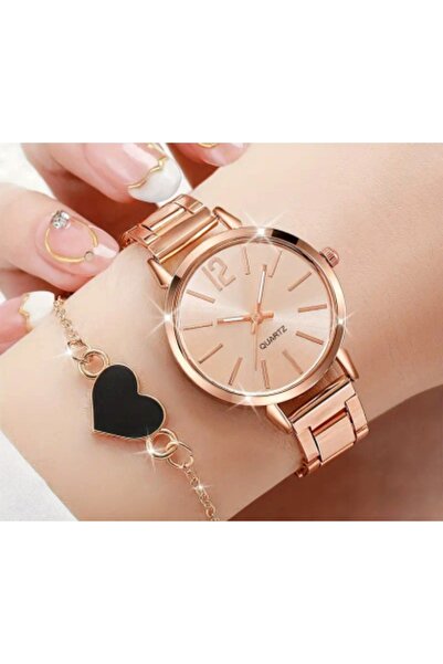 stainless steell VİP zarif kuvars saat kalp detaylı bileklik set