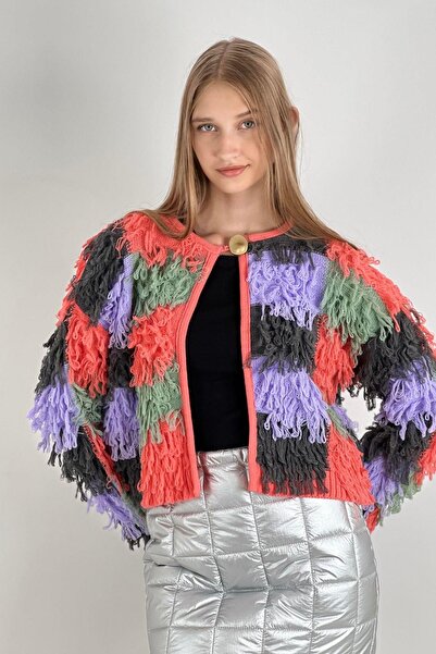 Miss Poem Women's Oversize Tasseled Multicolor Winter Long Knitwear Cardigan