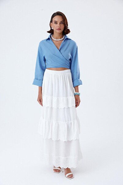 Tuba Butik Blue Crop Women's Shirt - 100% Linen, Lacing Detail