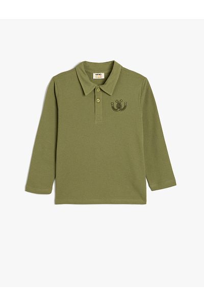 Koton Langärmliges, mit Baumwolle besticktes, detailliertes T-Shirt mit Polokragen