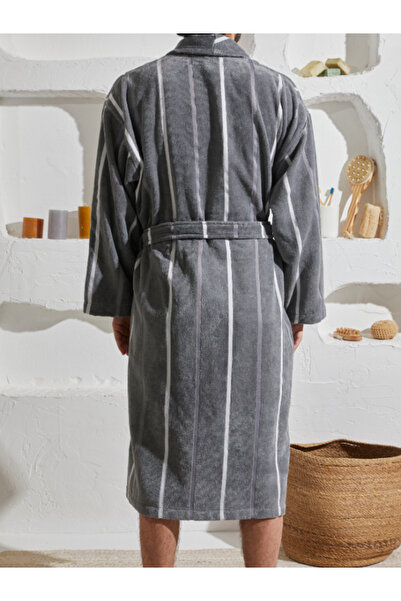 Homelover 100% Cotton Hooded Gray White Striped Special Design Extra Soft Bathrobe