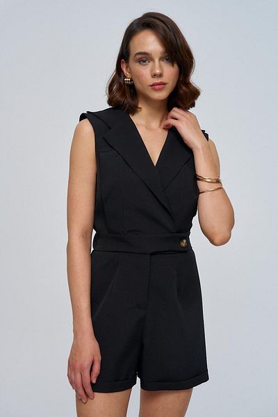 Tuba Butik Double Breasted Collar Short Black Women's Jumpsuit