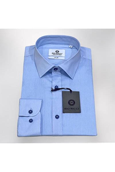 RİORİCCİ Mavi Kolay Ütü Teri Emen Nefes Alan Slim Fit Erkek Gömlek