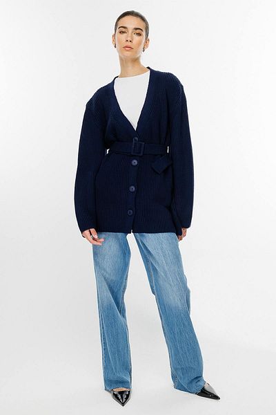 Hooopstore Cardigan bleumarin - cu cataramă și curea