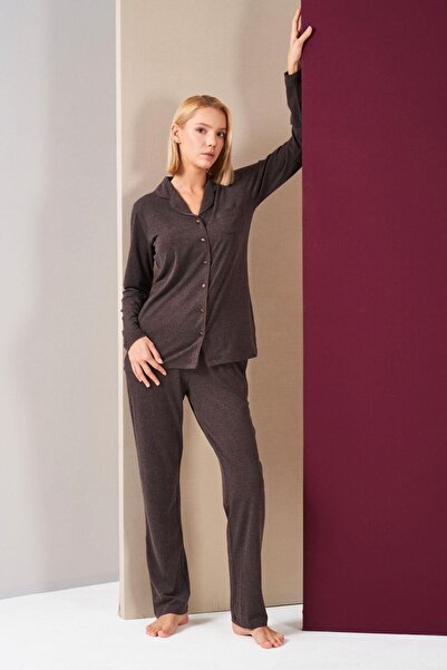 PJS Kadın Düğmeli Uzun Kol Pijama Takım