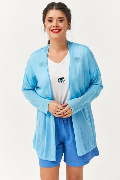 Ebsumu Tricotaj subțiri de damă vară albastru Cardigan și pareo