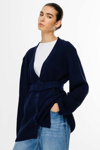 Hooopstore Cardigan bleumarin - cu cataramă și curea