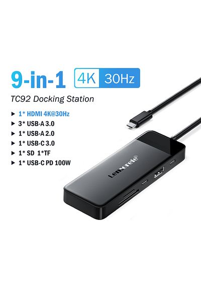 lemorele موزع USB C 9 في 1 Lemorele TC92 مزود بـ 9 منافذ ومحطة إرساء USB Type C بدقة 4K و30 هرتز وPD و100 وات ومحول USB 3.0