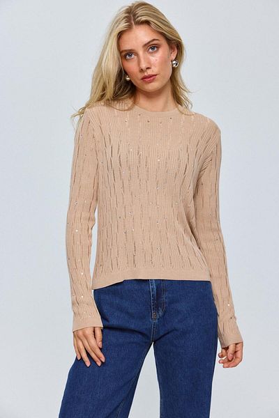 Tuba Butik Beige Crew Neck Thin Knitwear Women's Blouse