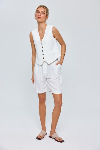 Tuba Butik Pleated Bermuda White Women's Shorts