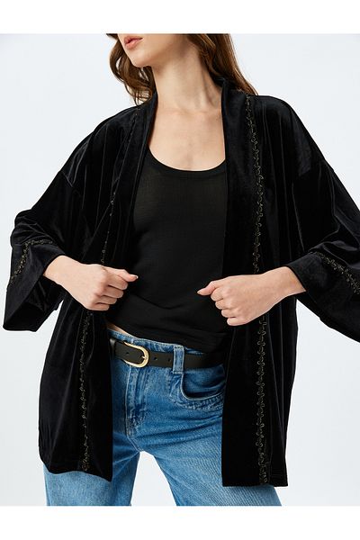 Koton Hip Length Wide 3/4 Sleeve Velvet Kimono