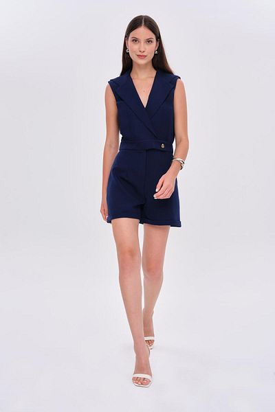Tuba Butik Double Breasted Collar Short Navy Blue Women's Jumpsuit