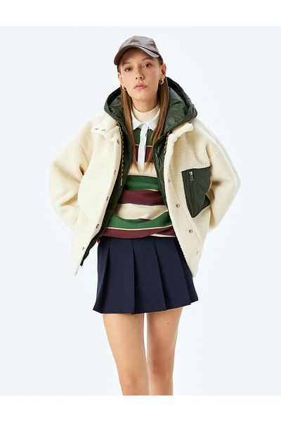 Koton Oversize Plush Jacket with Hooded Pocket Detail and Snap Buttons