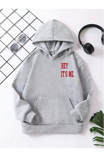 Tam12den Home Унисекс детски суитшърт с щампа Hey It's Me - с качулка, памук, сив