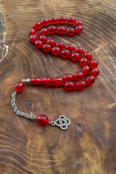 Agai Silver Love Knot Tasseled Beige Cut Red Fire Amber Prayer Beads