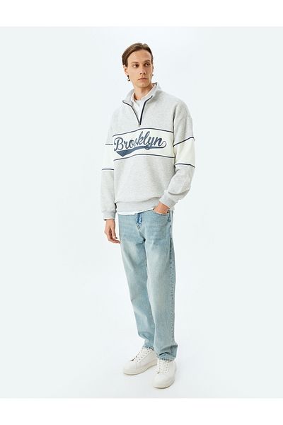 Koton College Oversize mikina s potiskem - poloviční zip, barevný blok, směs bavlny