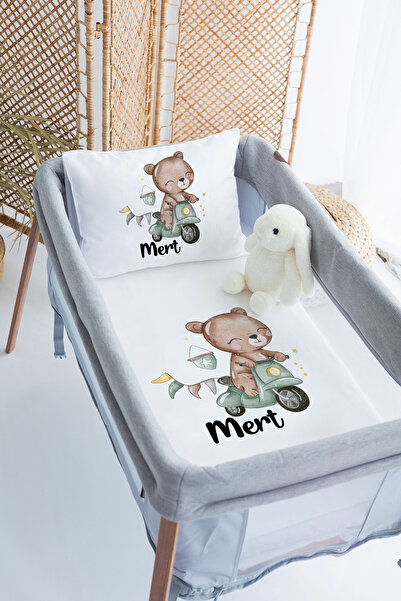 Lilabio %100 Pamuk Saten İsme Özel İsimli 70x120 Park Yatak Nevresim Seti Ayıcık