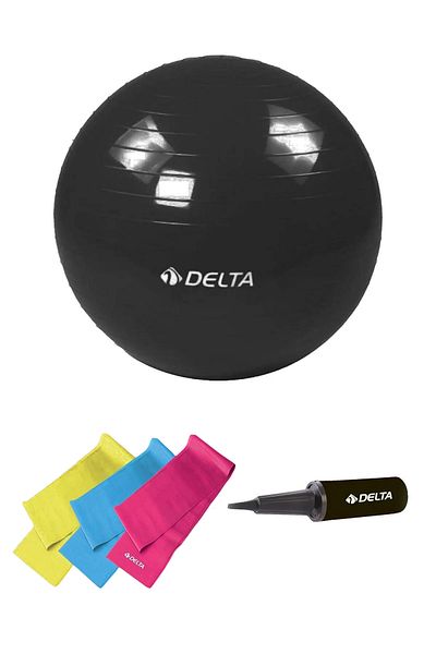 Delta Set of 3 Pilates Bands and 85 Cm Pilates Balls, Suitable for 180 Cm - 200 Cm Height Range - Resistance Rubber Pump