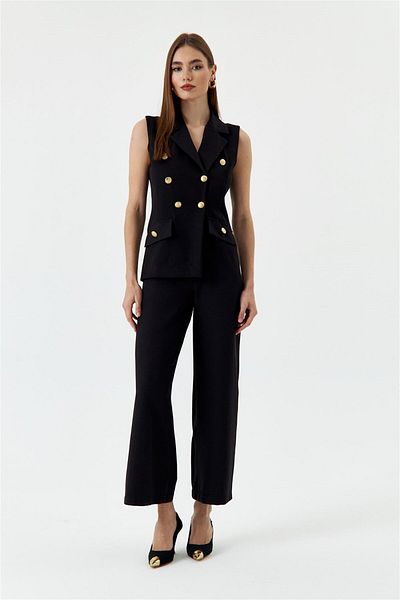Tuba Butik Double Breasted Collar Design Black Women's Jumpsuit
