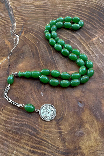 Agai Silver Tuğra Tassel Beyzi Cut Verde Culoare Strângere Amber Tasbih