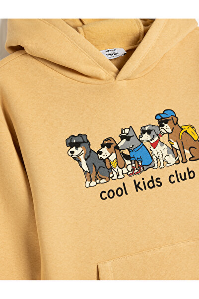 Koton Oversize Kapşonlu Sweatshirt Köpek Baskılı Bisiklet Yaka Uzun Kollu Kanguru Cepli Şardonlu