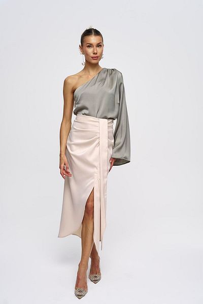 Tuba Butik Belted Long Beige Satin Skirt