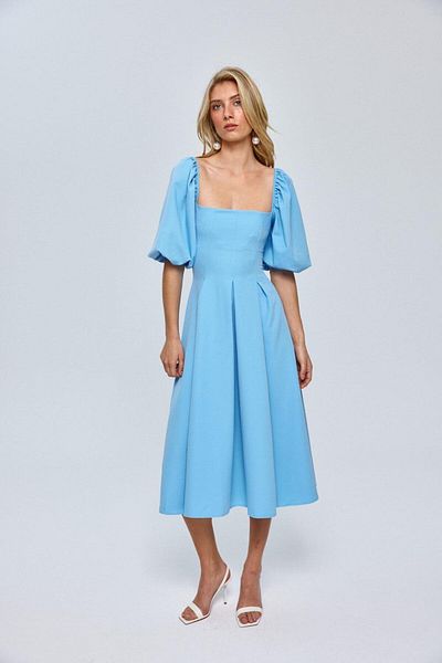 Tuba Butik Rochie midi cu decolteu pătrat cu mânecă cu balon, albastru bebeluș