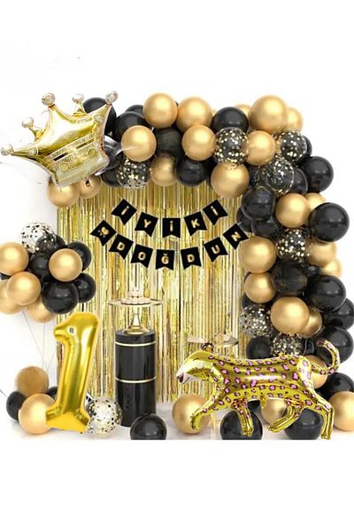 CUGY Black Gold Leopard King Crown Concept 1 Year Old Theme Birth Difficulty Set and Party Milk Balloon Chain