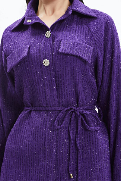 SERPİL Işıltılı Kumaş Kuşaklı Gömlek Yaka Takım Ve Bol Paça Pantolonlu Mor Takım 39168