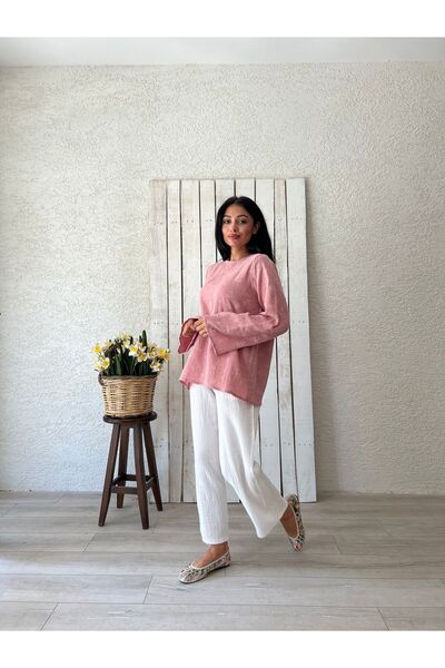 KÜÇÜĞÜM BUTİK Χαλαρή μουσελίνα μπλούζα - Κεντημένη σε πούδρα