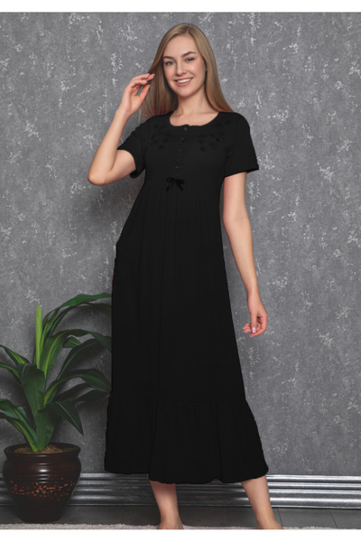 ERDENİZ TEKSTİL Çiçek Nakışlı ve Düğmeli Kadın Gecelik - Pamuklu