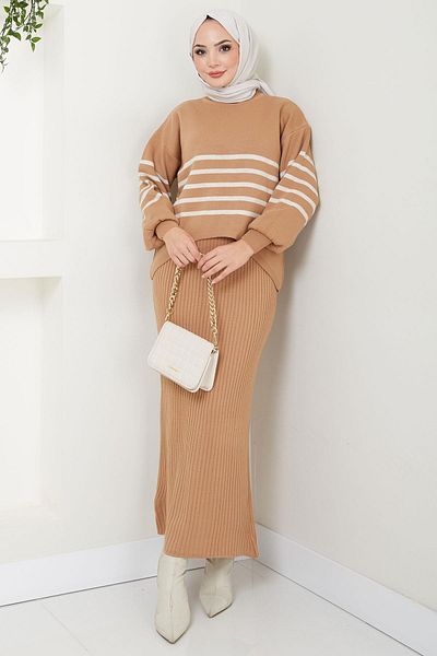 hafsamina Camel Striped Gilet Knitwear Sweater and Top Set - Hm2596