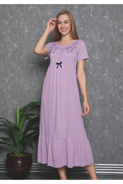 ERDENİZ TEKSTİL Çiçek Nakışlı ve Düğmeli Kadın Gecelik - Pamuklu