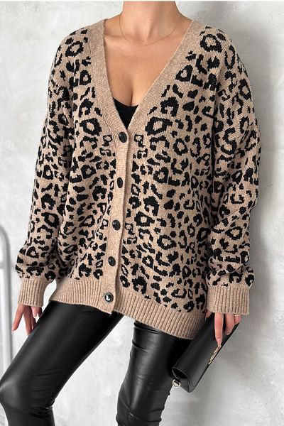 FEMELLE Cardigan de damă maro cu model leopard tricotaj supradimensionat